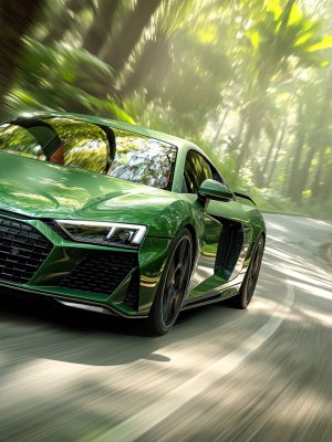 Sleek green sports car speeding through lush green forest environment by curved asphalt road. Dynamic motion blur adds to excitement of scene. Auto design and automotive production industry concept